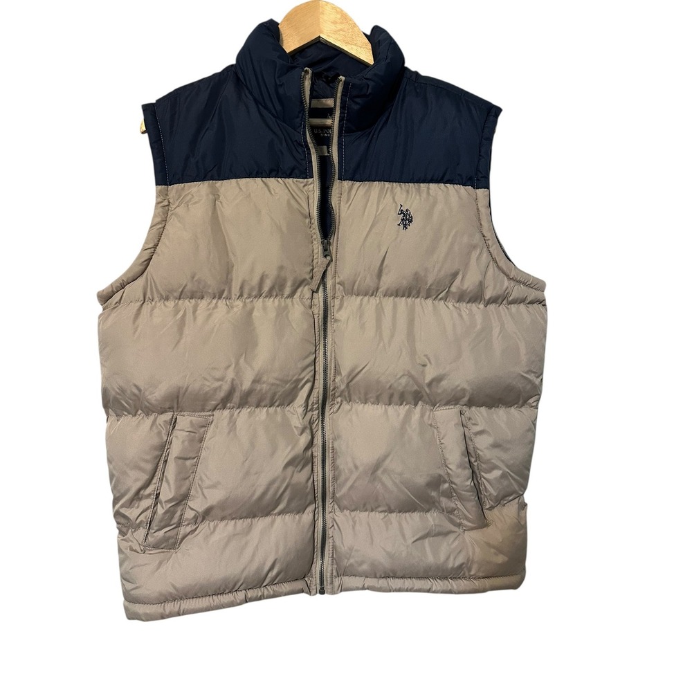 U.S. Polo‎ Assn. Men's Puffer Vest Size M Tan Navy Full Zip Insulated
